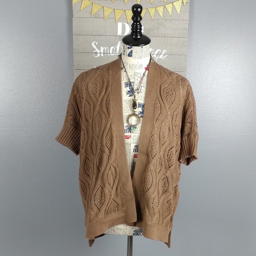 LOFT Brown Open-Front Pointelle Short-Sleeve Cardigan